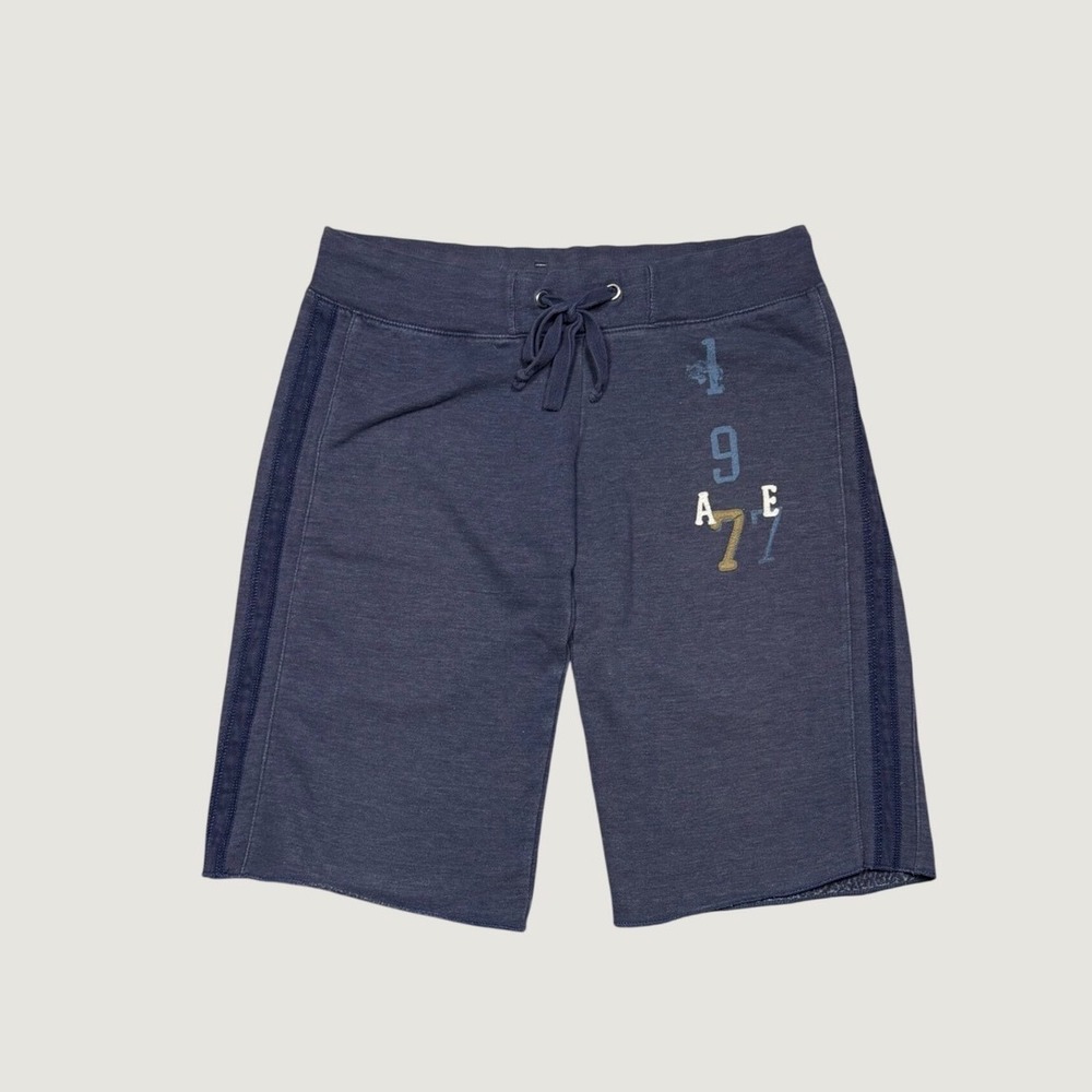 American Eagle Navy Blue Graphic Sweat Shorts Raw Hem Sporty Lounge Womens L